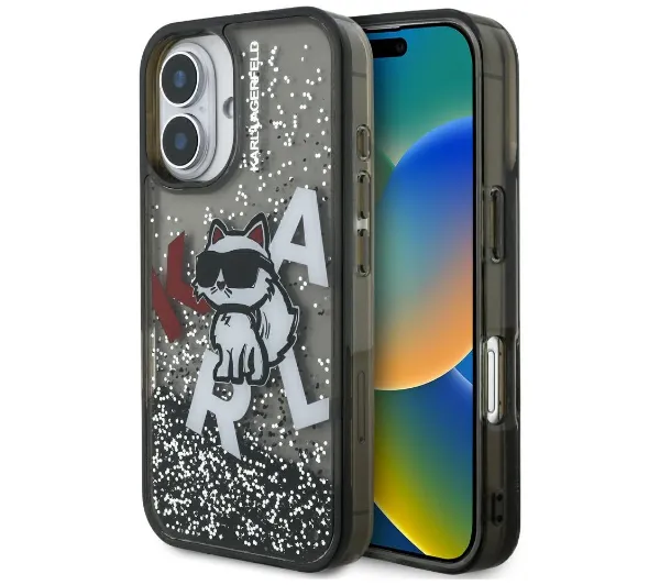 Karl Lagerfeld Liquid Glitter Choupette Logo do iPhone 16 Czarny
