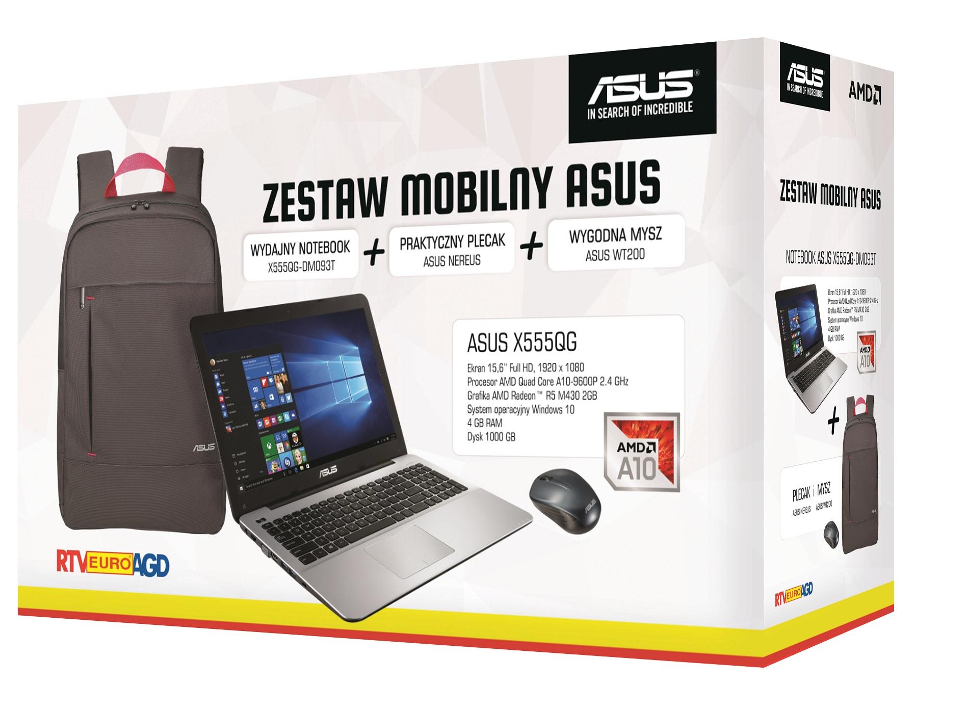 ASUS X555QG 15,6" A10-9600P 4GB RAM 1TB Dysk R5M430 Grafika Win10 + plecak i mysz