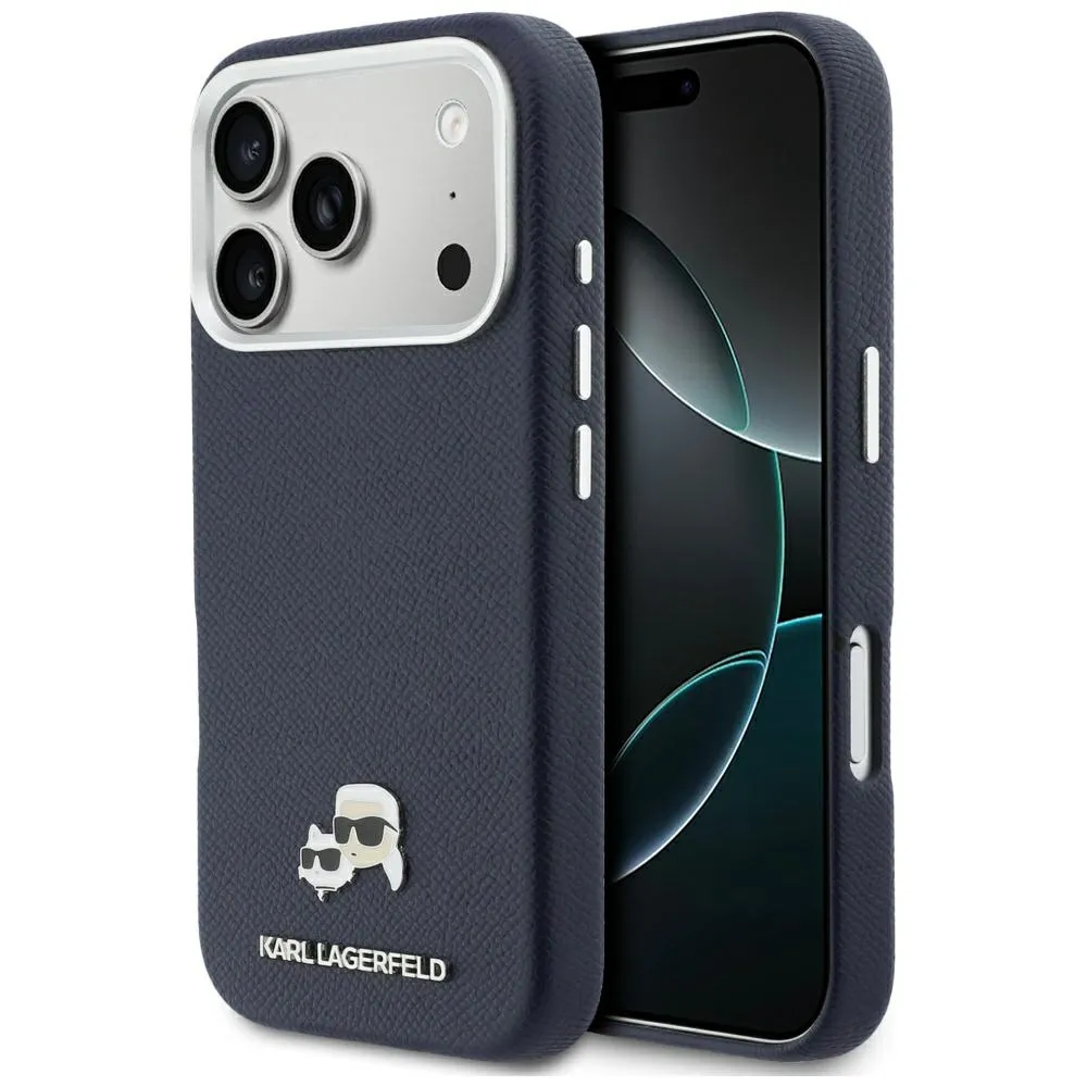 Etui Karl Lagerfeld Karl & Choupette Head Pins Saffiano MagSafe do iPhone 17 Pro Max Niebieski