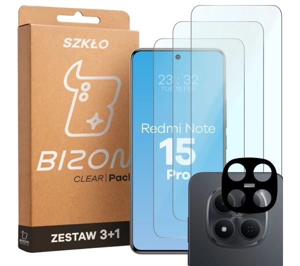 Bizon Szkło + szybka na aparat Glass Clear Pack do Xiaomi Redmi Note 15 Pro 5G 3 sztuki
