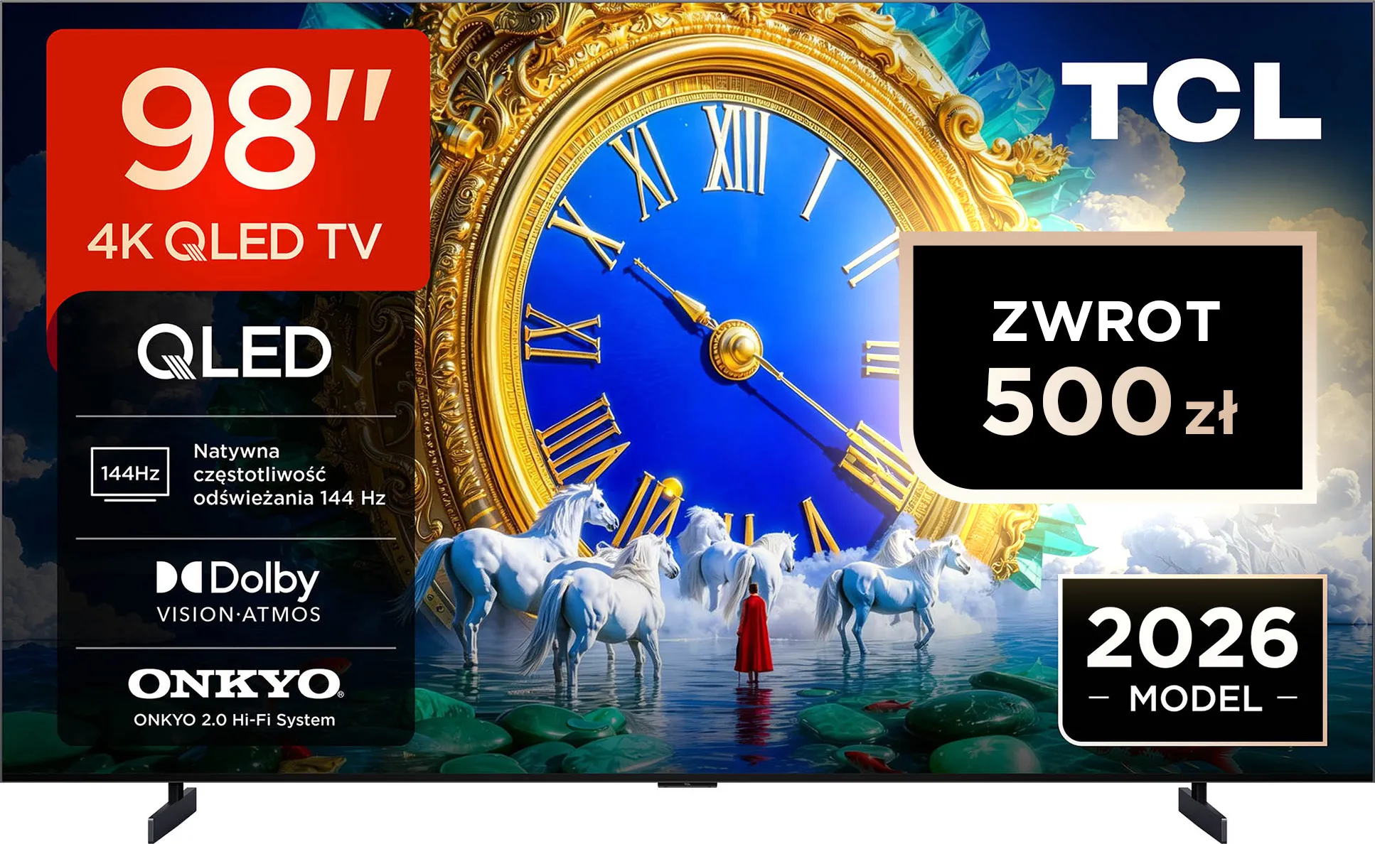 Telewizor TCL 98A400 98" QLED 4K 144Hz Google TV Funkcje AI Dolby Vision Dolby Atmos DTS-X HDMI 2.1 DVB-T2