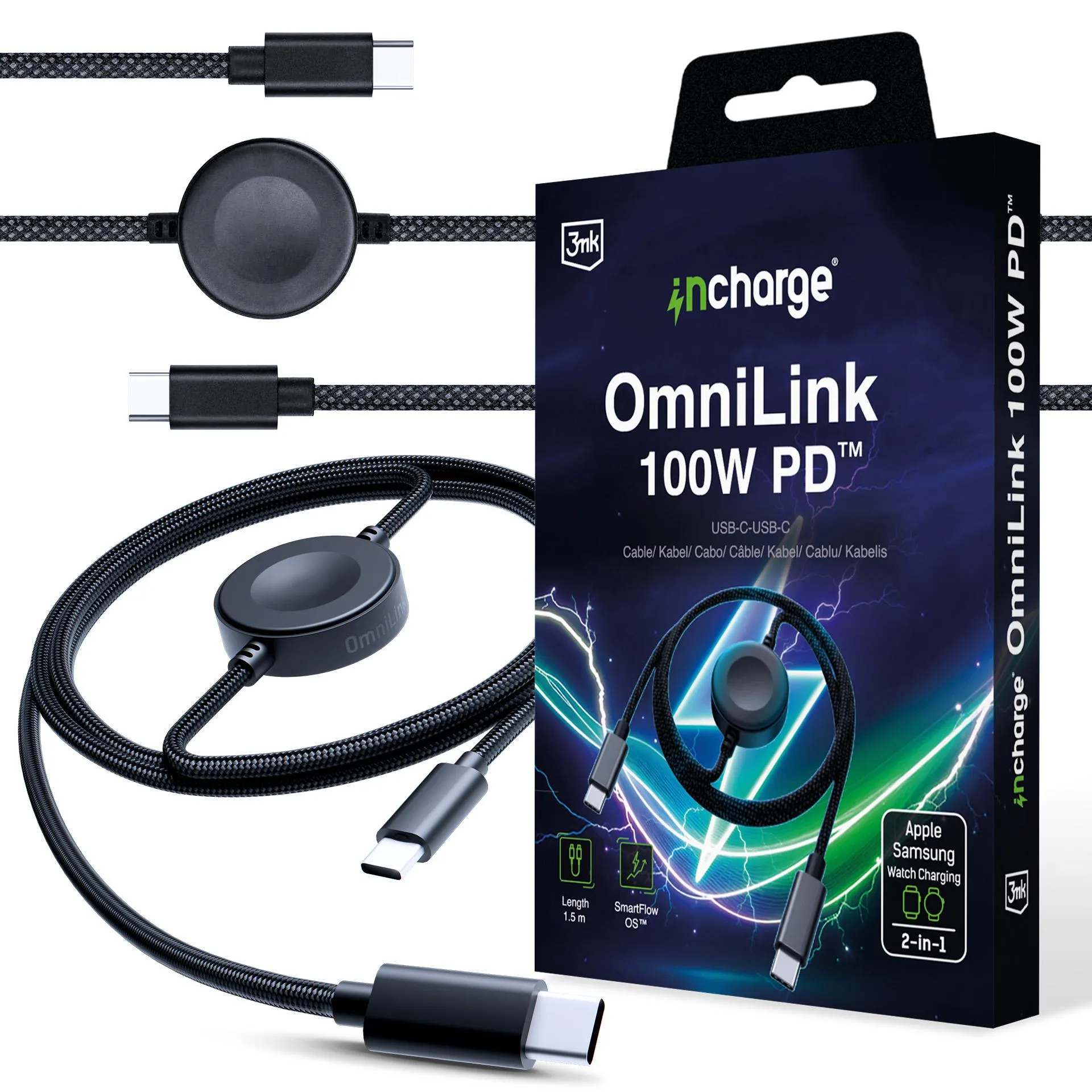 Kabel USB 3mk incharge OmniLink 2w1 100W PD 1,5m Czarny