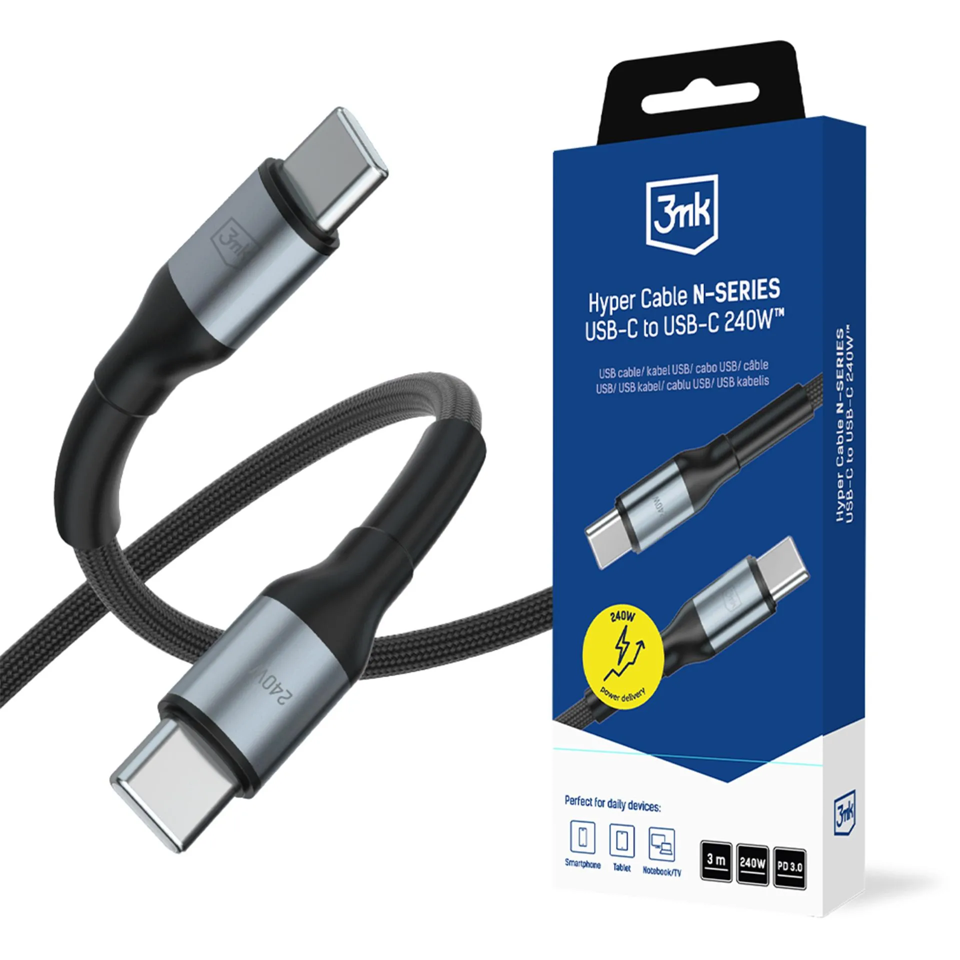 Kabel 3mk Hyper Cable N-SERIES PD3.0 48V/5A USB-C do USB-C 3m 240W Czarny