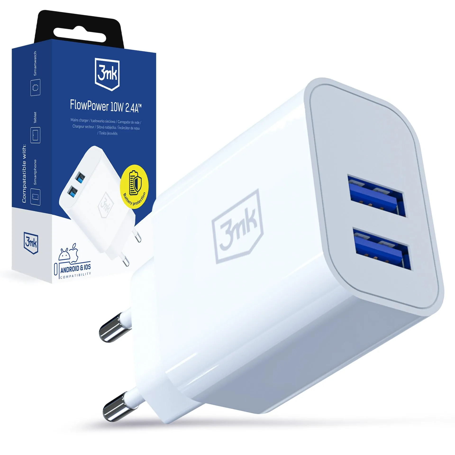Ładowarka sieciowa 3mk FlowPower 2x USB-A 10W Biały