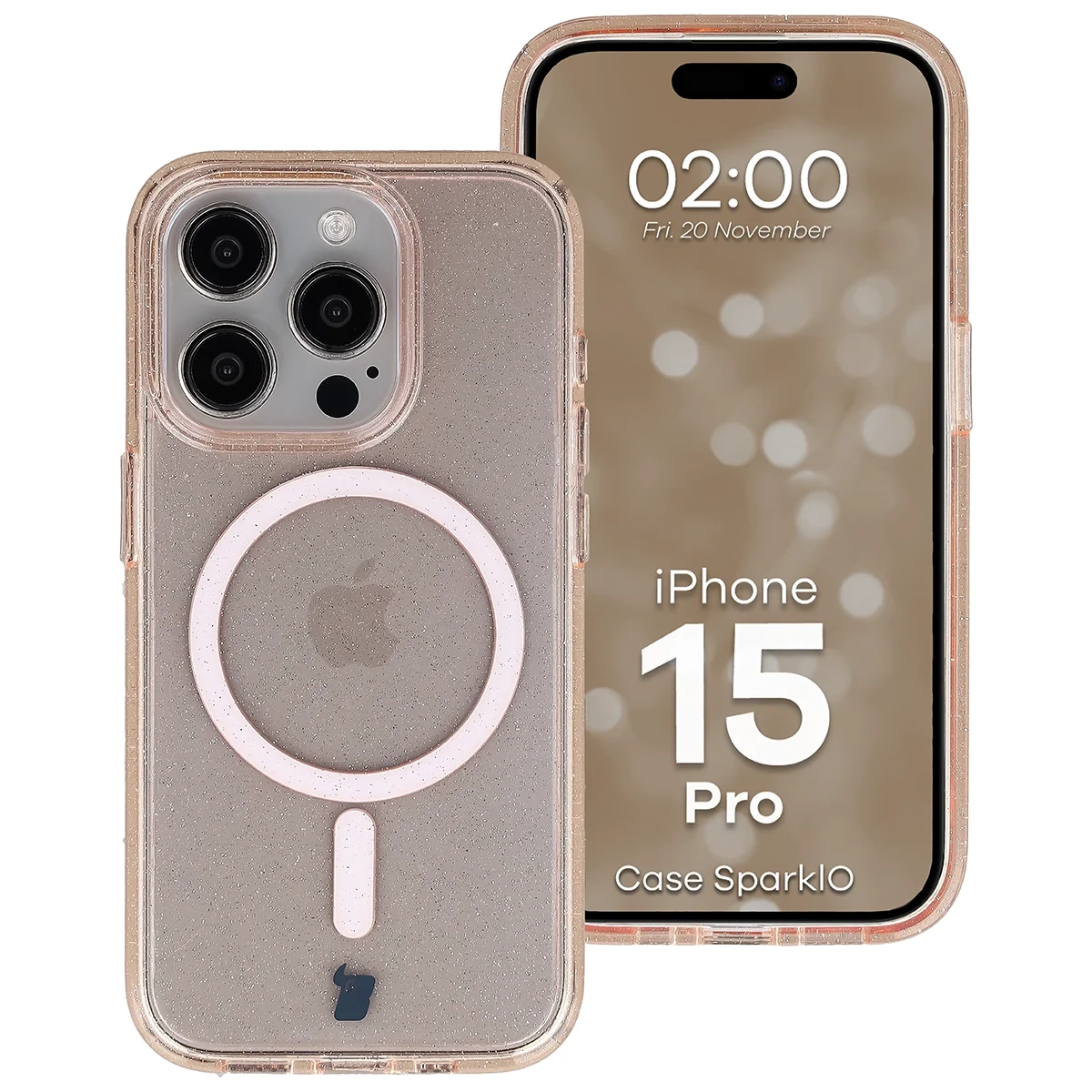 Etui Bizon Case SparklO do iPhone 15 Pro Przezroczysto-Jasnopomarańczowe Z Brokatem