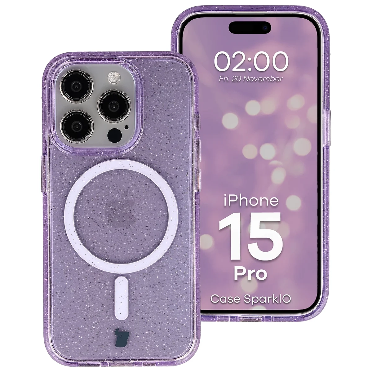Etui Bizon Case SparklO do iPhone 15 Pro Przezroczysto-Fioletowe Z Brokatem