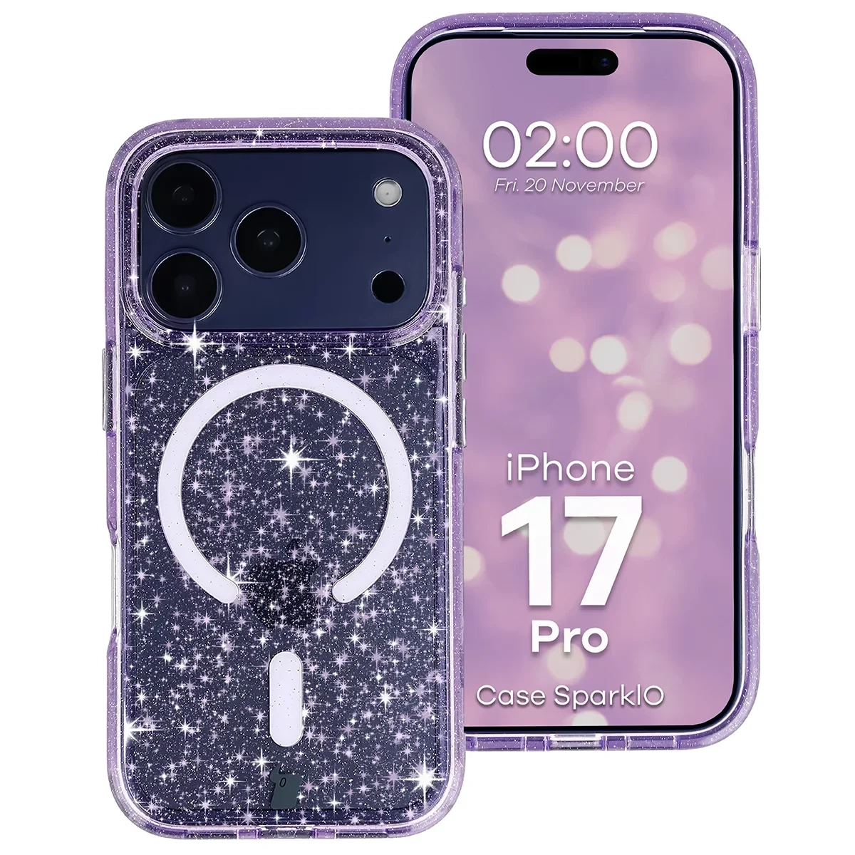 Etui Bizon Case SparklO do iPhone 17 Pro / 18 Pro Przezroczysto-Fioletowe Z Brokatem