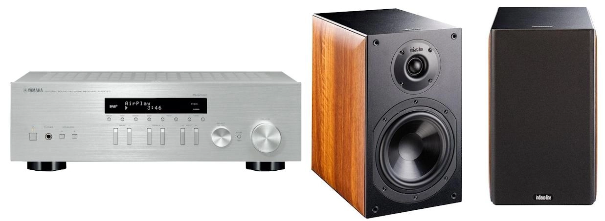 Zestaw stereo Yamaha MusicCast R-N303D (srebrny), Indiana Line Nota 260 X (orzech)