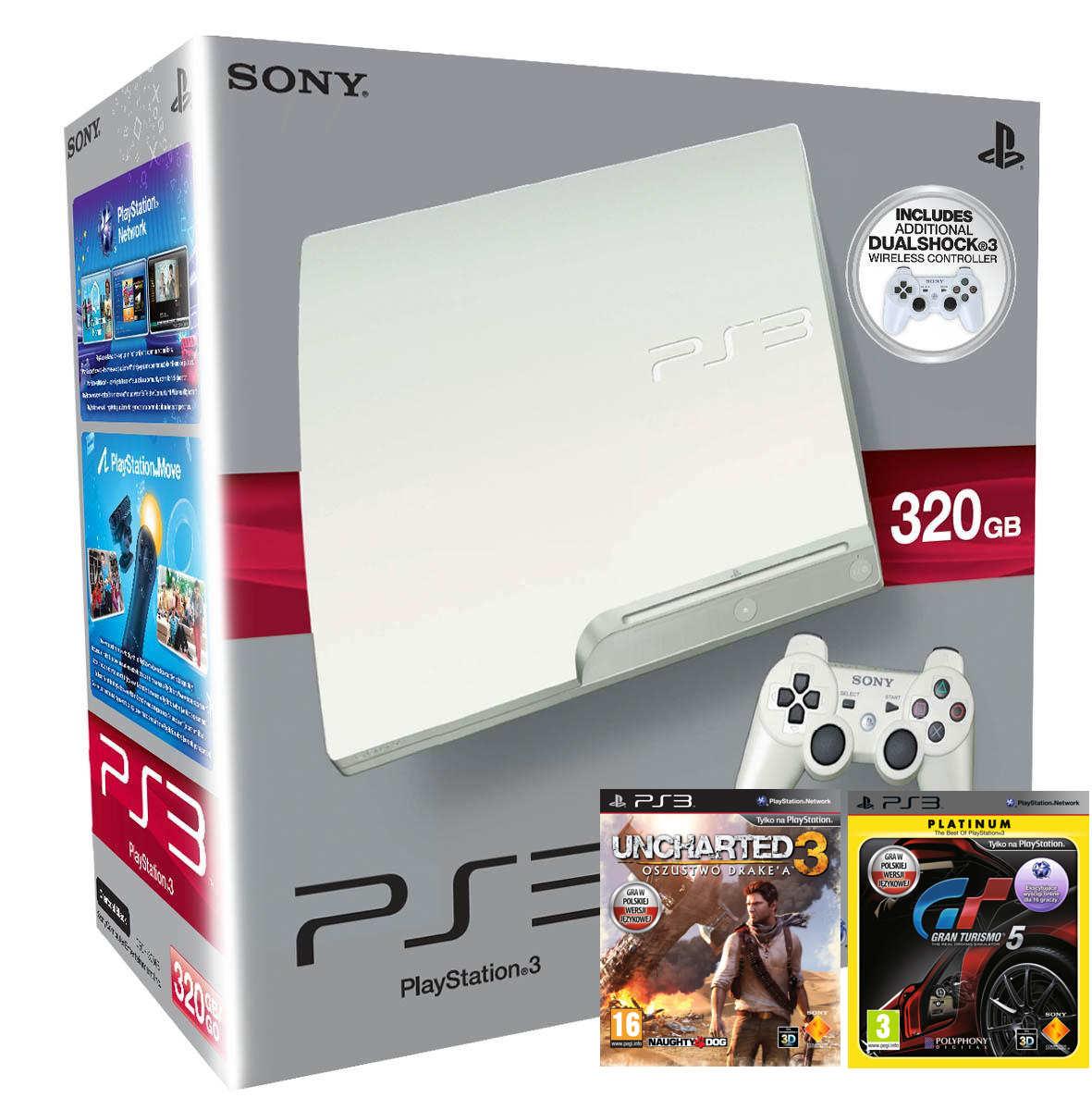 Sony PlayStation 3 (biały) + 2 pady + 2 gry