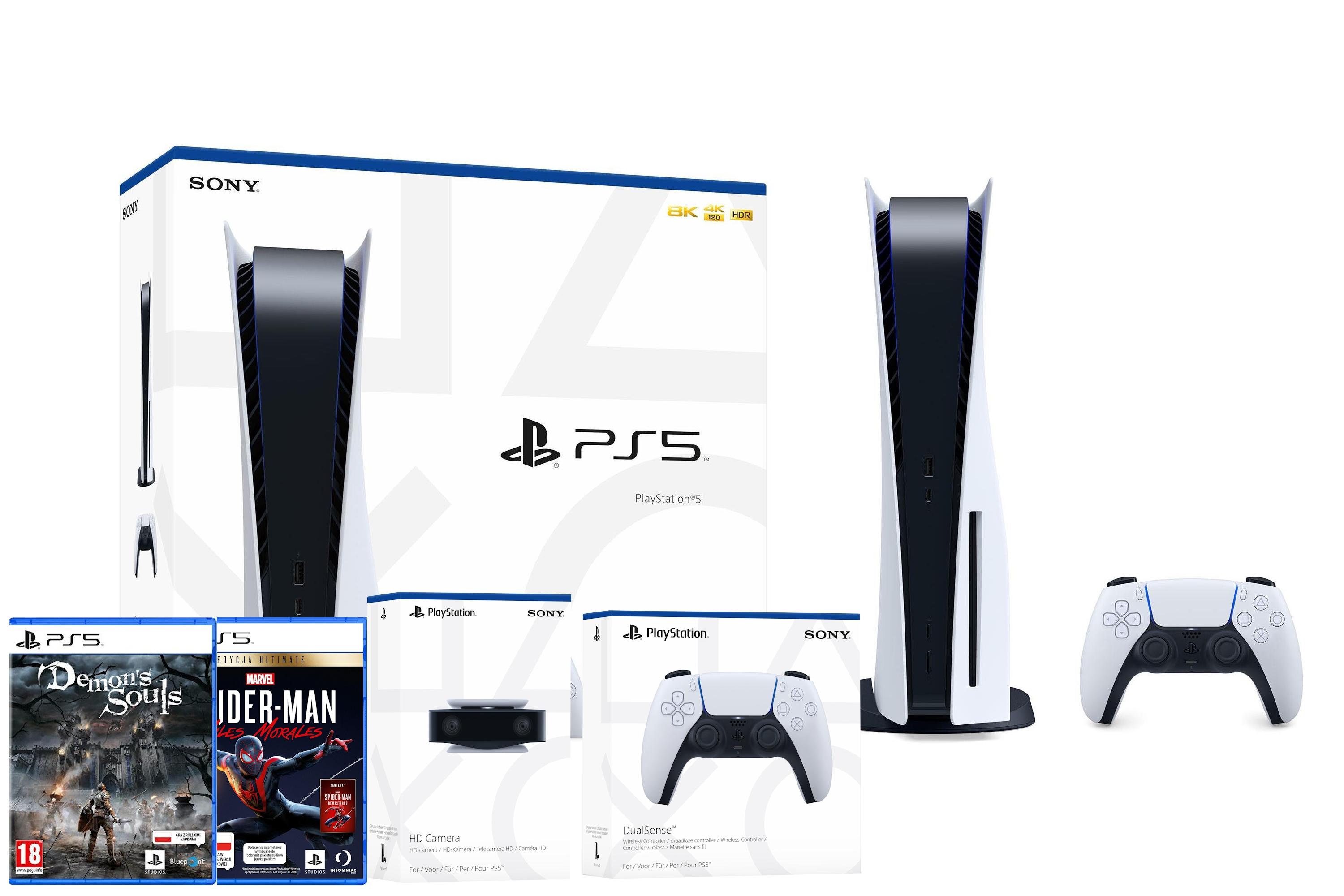 Konsola Sony PlayStation 5 (PS5) + Demon's Souls + Marvel’s Spider-Man: Miles Morales Ultimate Edition +  Kamera HD + dodatkowy pad