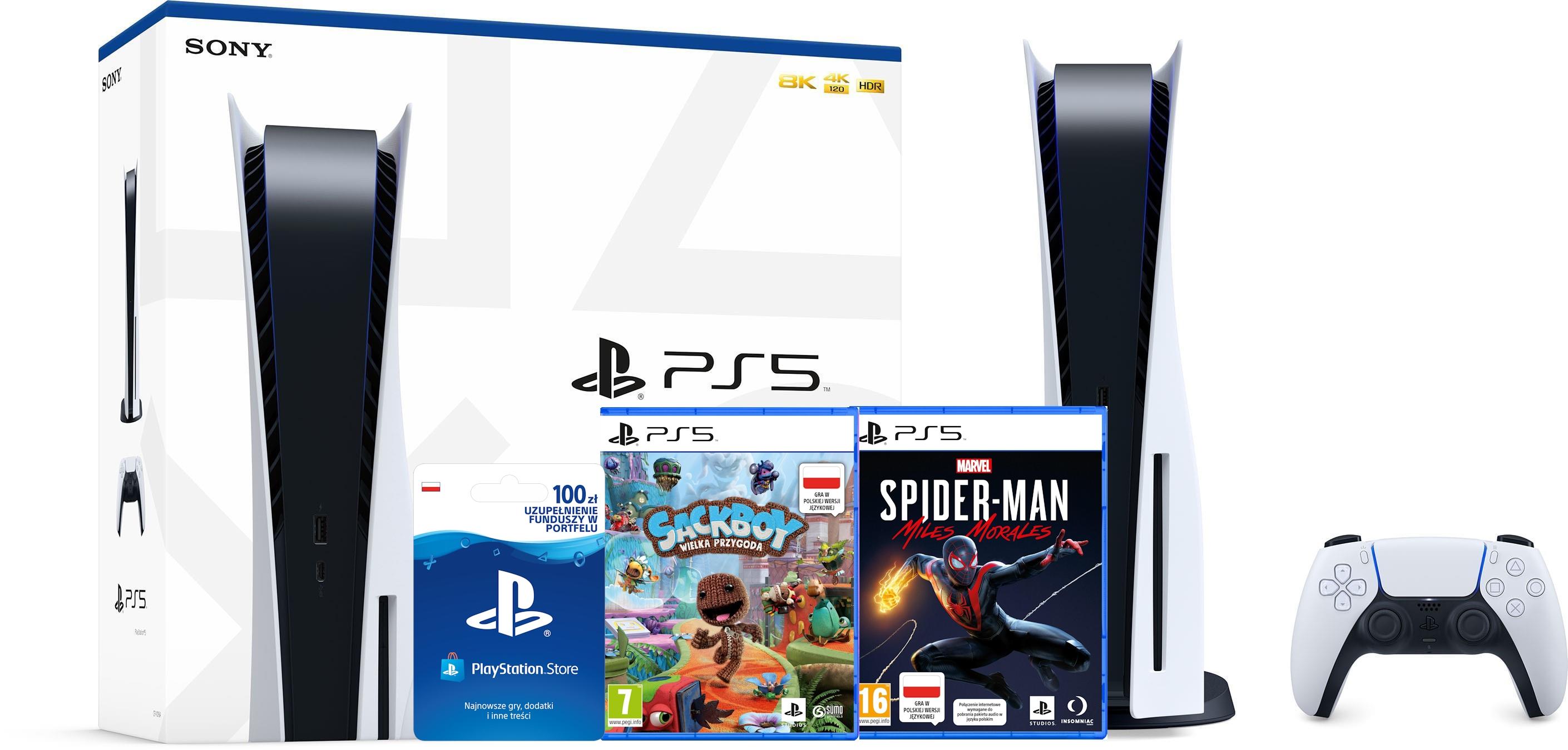 Konsola Sony PlayStation 5 (PS5) + Marvel’s Spider-Man: Miles Morales + Sackboy: Wielka Przygoda + doładowanie PSN 100 zł