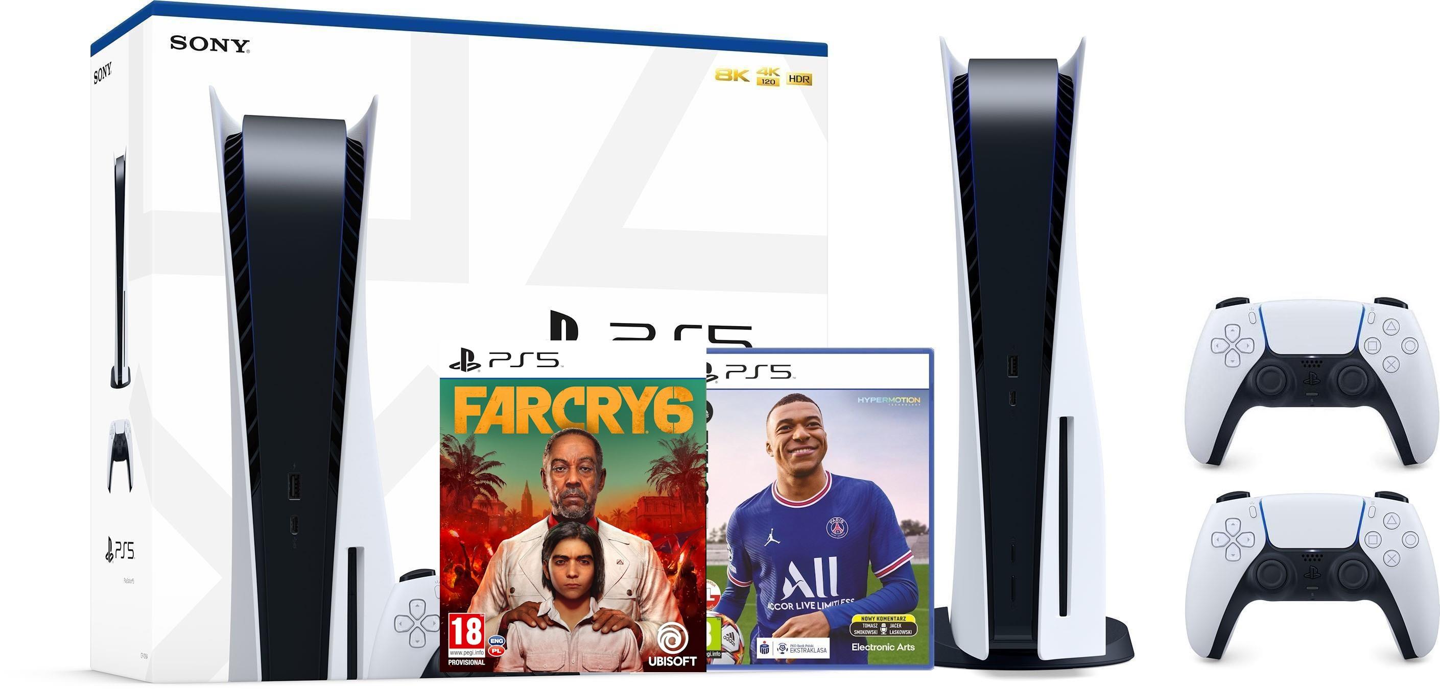 Konsola Sony PlayStation 5 (PS5) z napędem - FIFA 22 - Far Cry 6 - dodatkowy pad (biały)