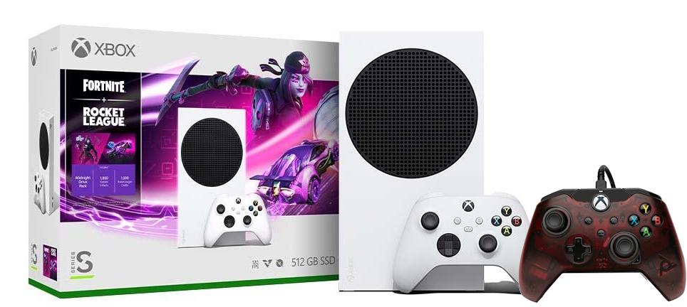 Konsola Xbox Series S - 512GB - dodatki Fortnite i Rocket League - pad przewodowy PDP Crimson Red