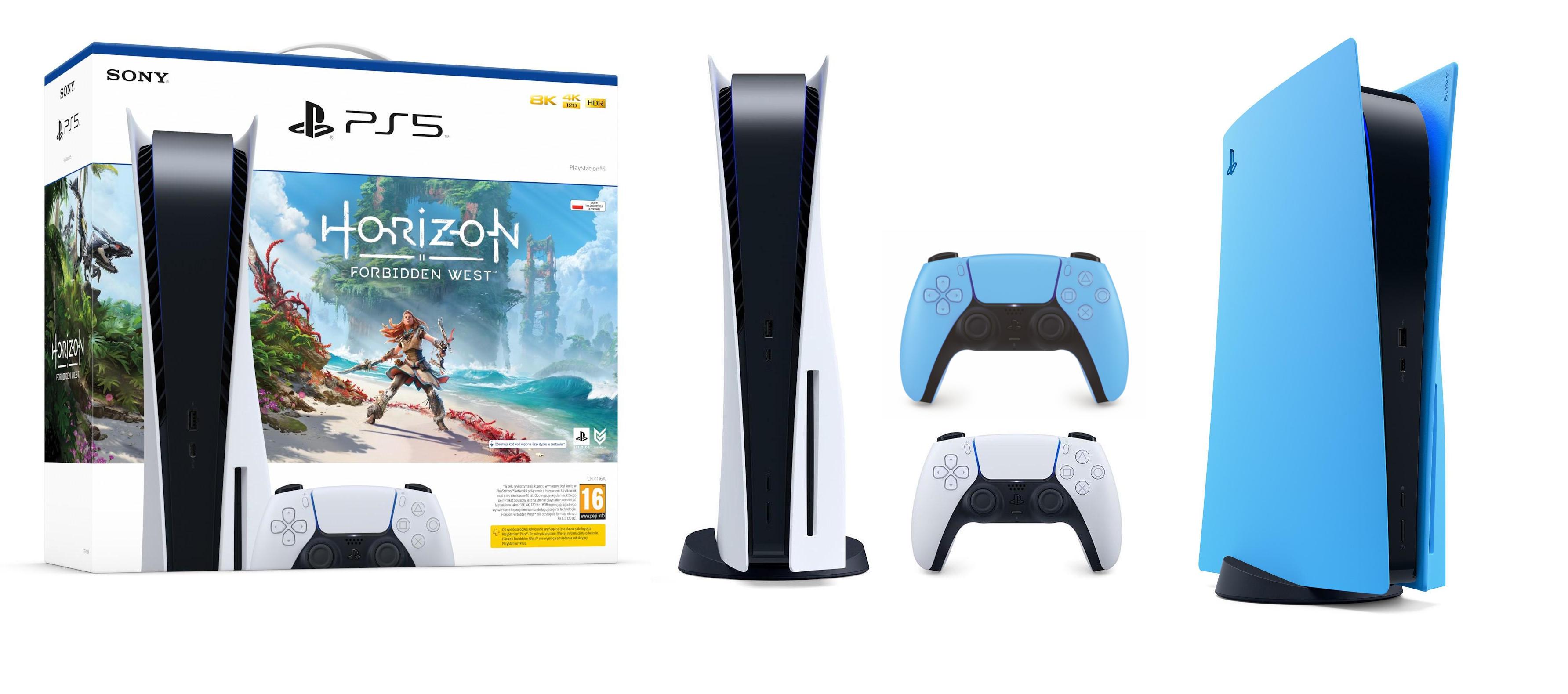 Konsola Sony PlayStation 5 (PS5) z napędem - Horizon Forbidden West - Cover Plate (starlight blue) - dodatkowy pad (niebieski)