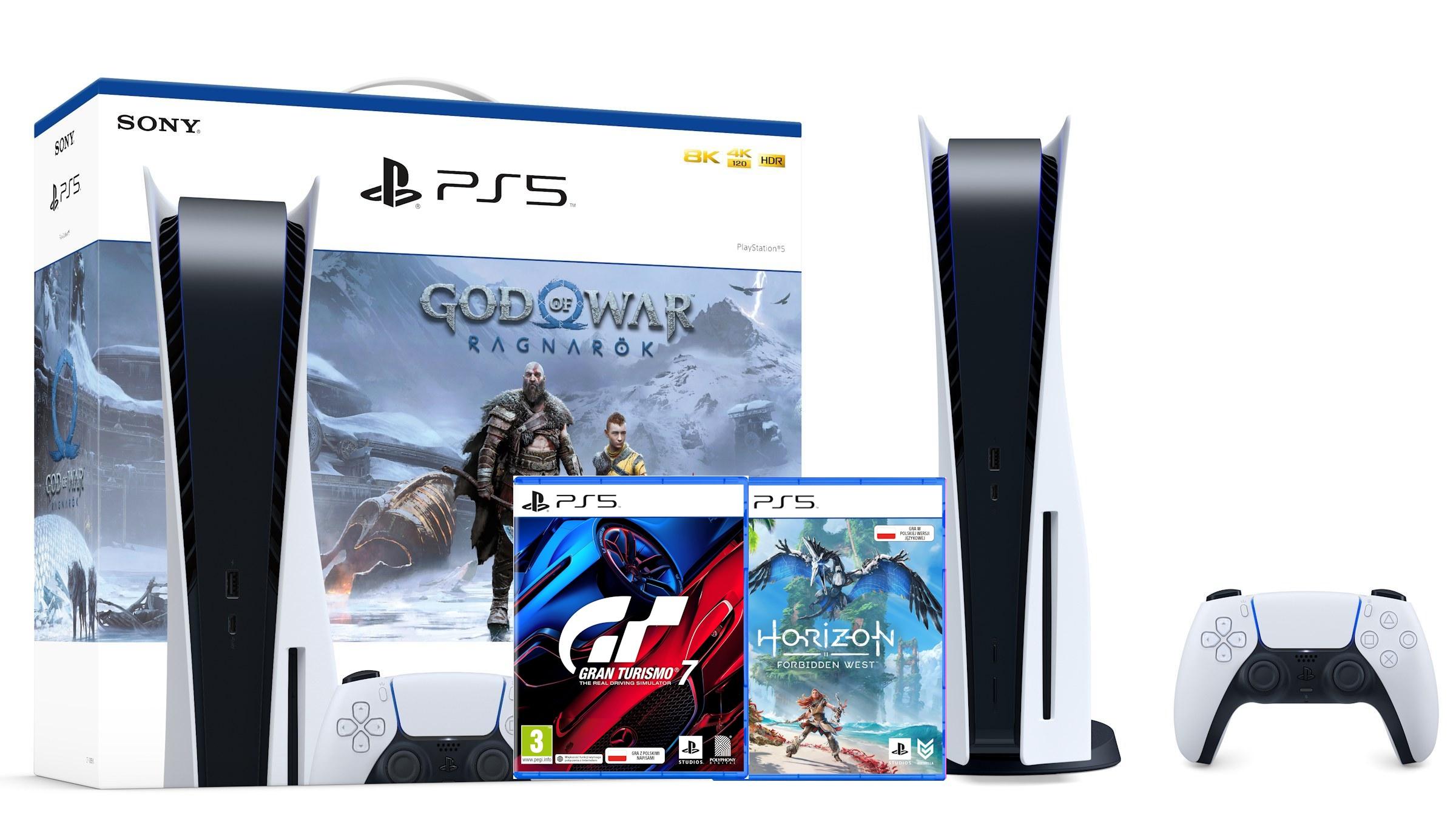 Konsola Sony PlayStation 5 (PS5) z napędem + God of War Ragnarok + Horizon Forbidden West + Gran Turismo 7