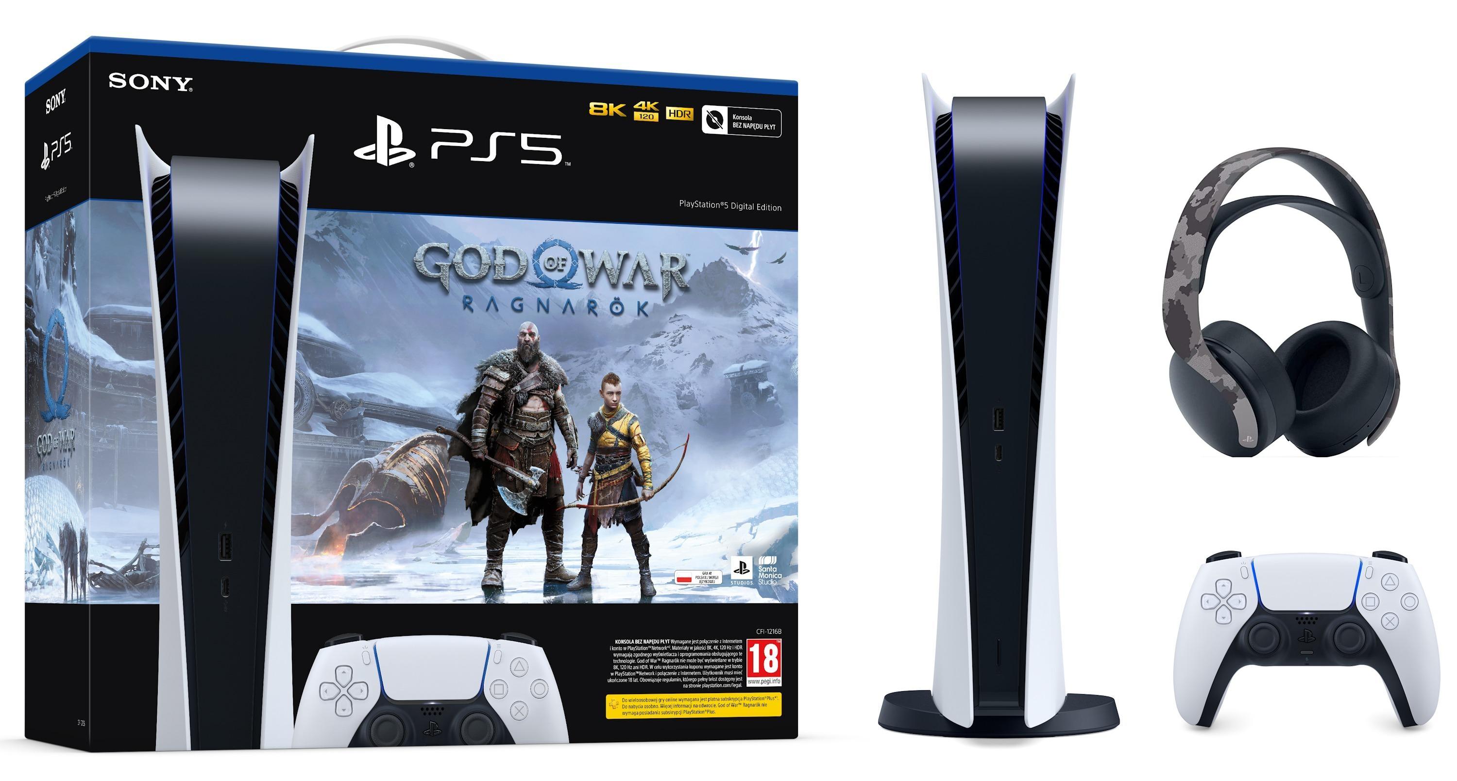 Konsola Sony PlayStation 5 Digital Edition (PS5) + God of War Ragnarok + słuchawki PULSE 3D (szary kamuflaż)