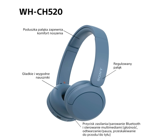 Sony WH-CH520 Nauszne Bluetooth 5.2 Niebieski - ⚡ BESTSELLERY ⚡