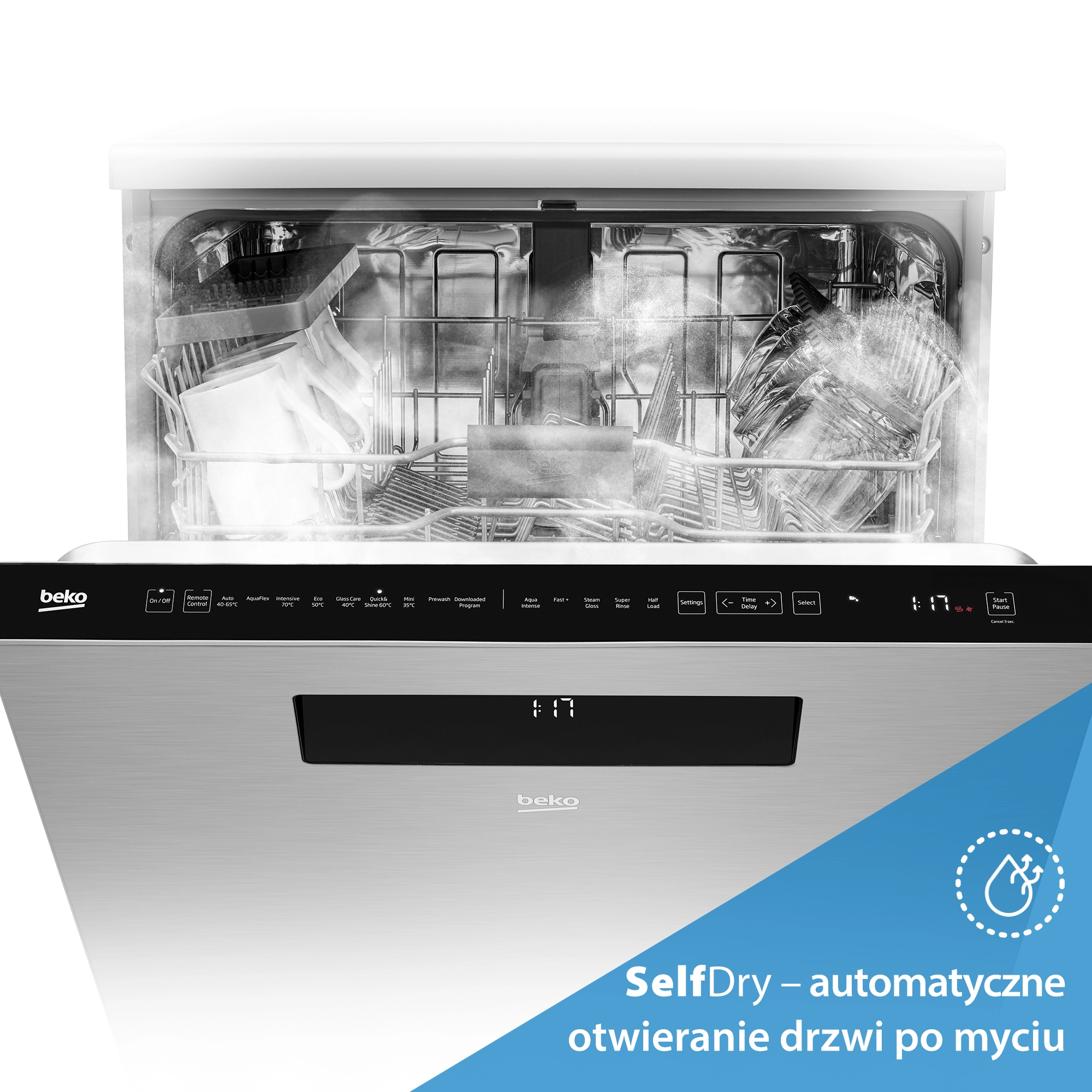 Zmywarka BEKO z funkcją SelfDry – otwarte drzwi po cyklu
