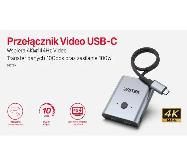 Unitek Dwukierunkowy USB-C 4K D1078A Szary