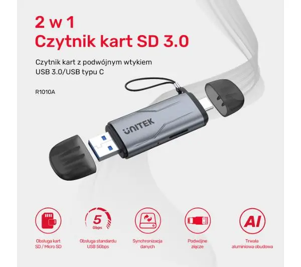 Unitek SD/microSD USB-A 5Gbps/USB-C Szary