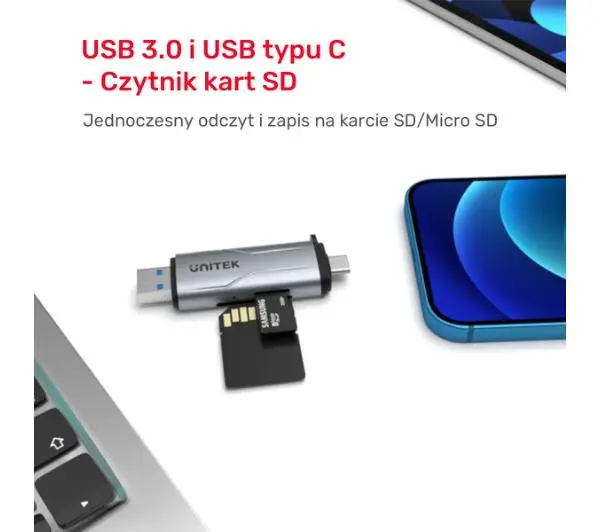 Unitek SD/microSD USB-A 5Gbps/USB-C Szary