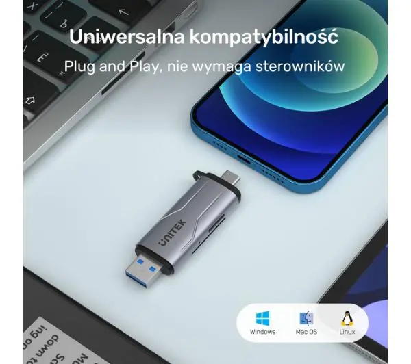 Unitek SD/microSD USB-A 5Gbps/USB-C Szary