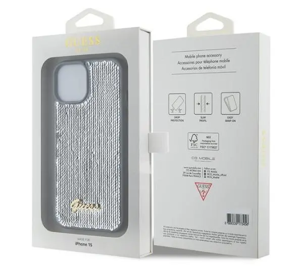 Guess Sequin Script Metal GUHCP15SPSFDGSS do iPhone 15 Srebrny