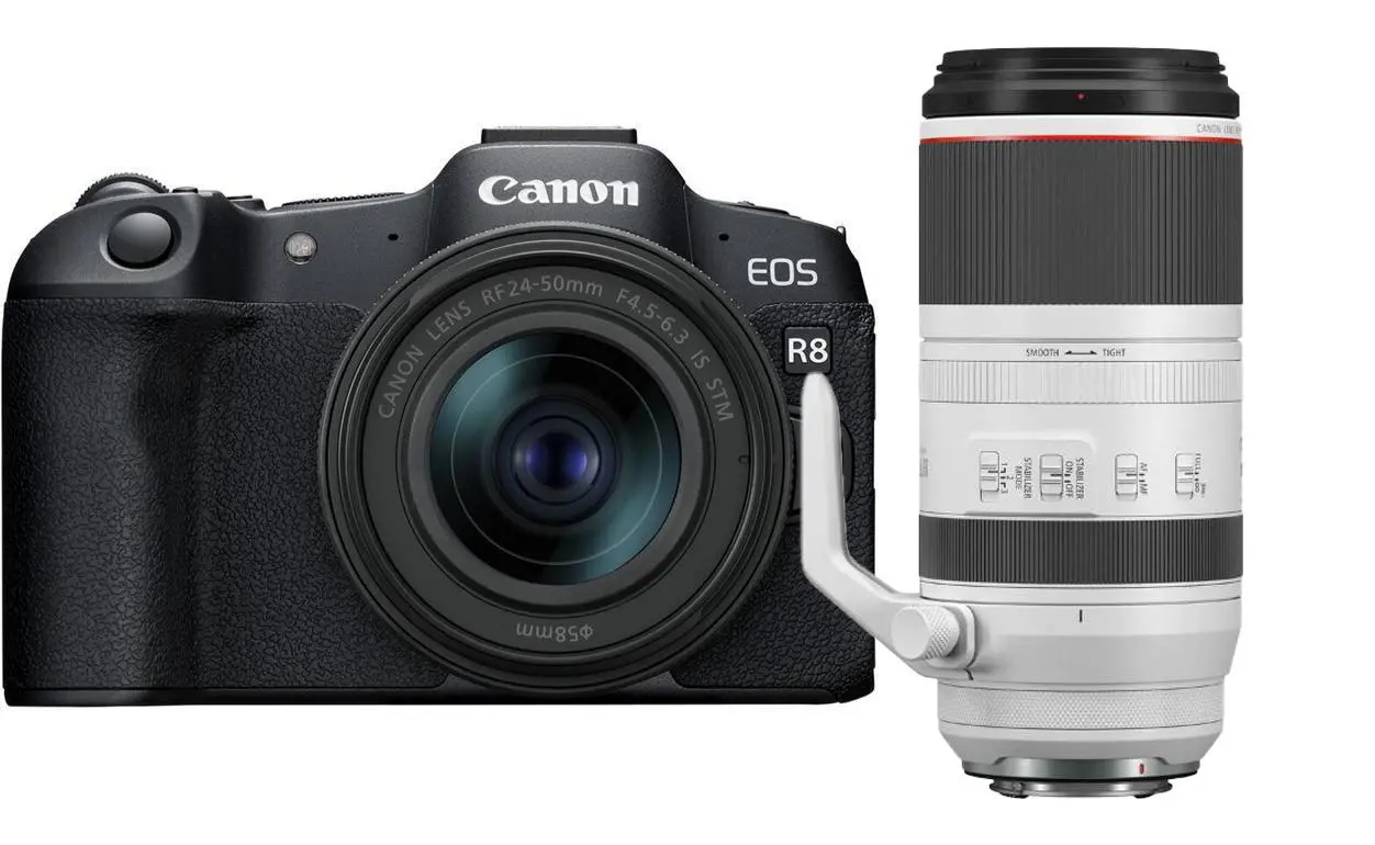 Aparat Canon EOS R8 + RF 24-50 mm f/4.5-6.3 IS STM + RF 100-500mm f/4.5-7.1L IS USM