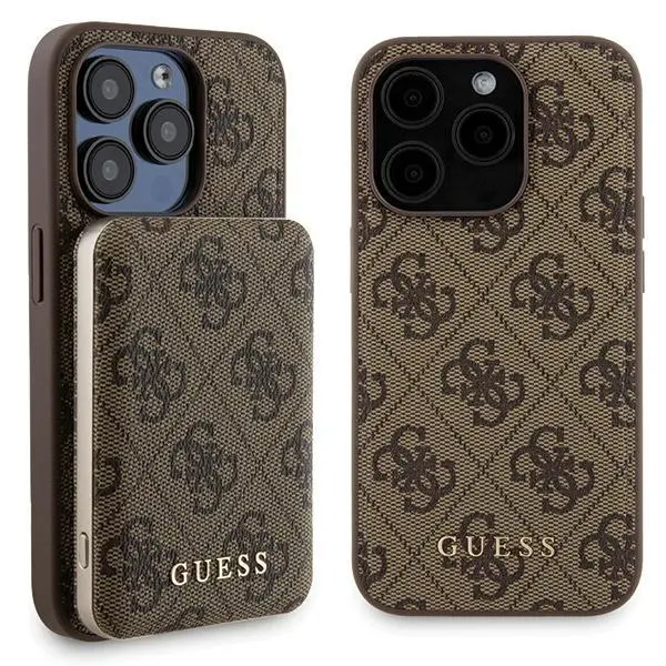 Etui Guess Zestaw do iPhone 15 Pro Max + Powerbank 5000mAh MagSafe 4G Metal Logo Brązowy