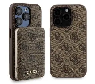 Guess Zestaw do iPhone 15 Pro Max + Powerbank 5000mAh MagSafe 4G Metal Logo Brązowy