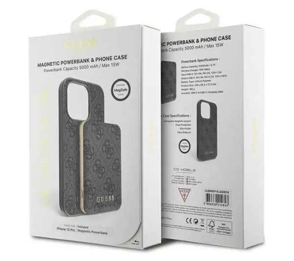 Guess Zestaw do iPhone 15 Pro + Powerbank 5000mAh MagSafe 4G Metal Logo Czarny