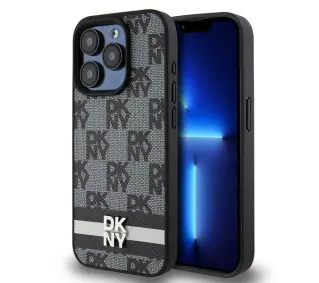 DKNY Leather Checkered Mono Pattern & Printed Stripes do iPhone 15 Pro Czarny