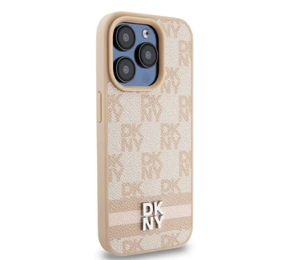 DKNY Leather Checkered Mono Pattern & Printed Stripes do iPhone 15 Pro Różowy