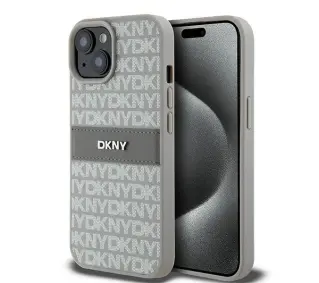 DKNY Hardcase Leather Mono Stripe & Metal Logo do iPhone 15 Beżowy