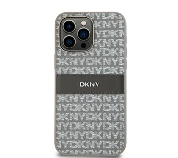 DKNY Leather Mono Stripe & Metal Logo do iPhone 14 Pro Max Beżowy