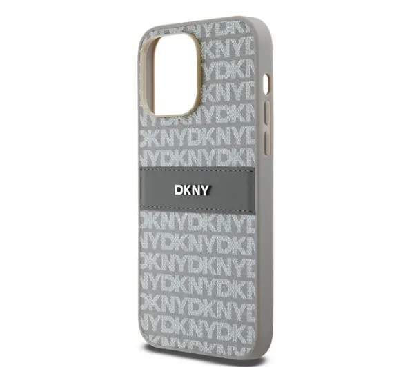 DKNY Leather Mono Stripe & Metal Logo do iPhone 14 Pro Max Beżowy