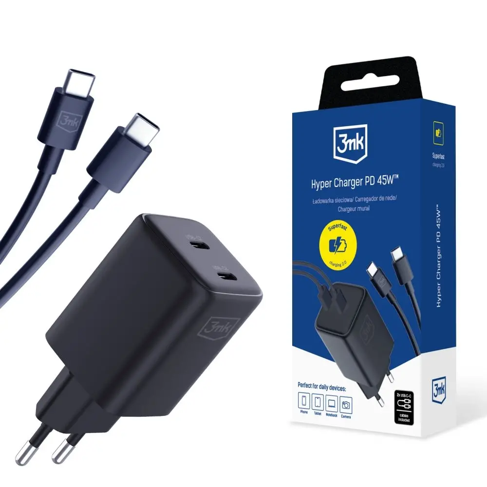 Ładowarka sieciowa 3mk Hyper Charger PD 45W + kabel USB C-C Czarny