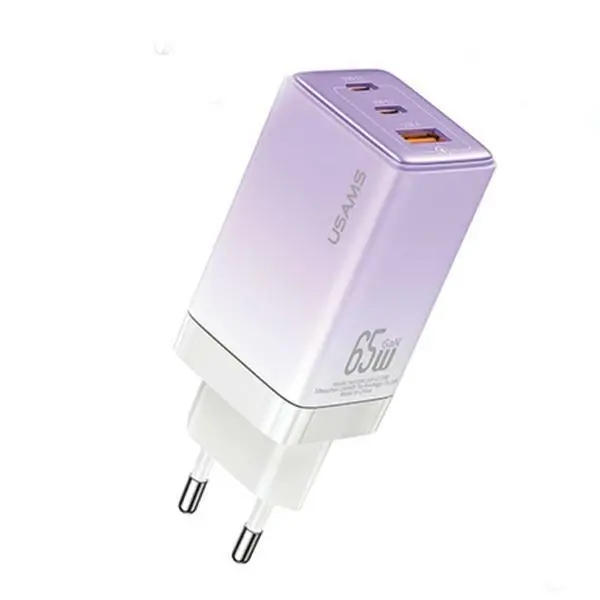 Ładowarka sieciowa USAMS CC180TC03 2xUSB-C+USB 65W GAN PD3.0 Fioletowy