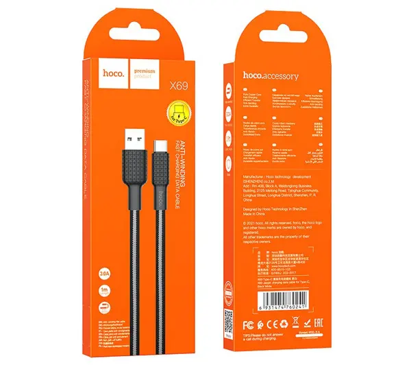 Hoco Jaeger X69 USB do USB-C 3A 1m Czarny