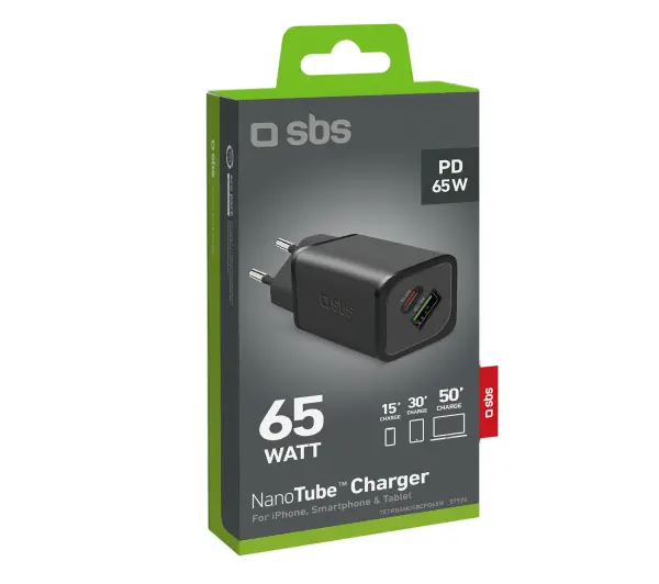 SBS NanoTube GaN PD 1XUSB-C 1XUSB-A 65W Czarny