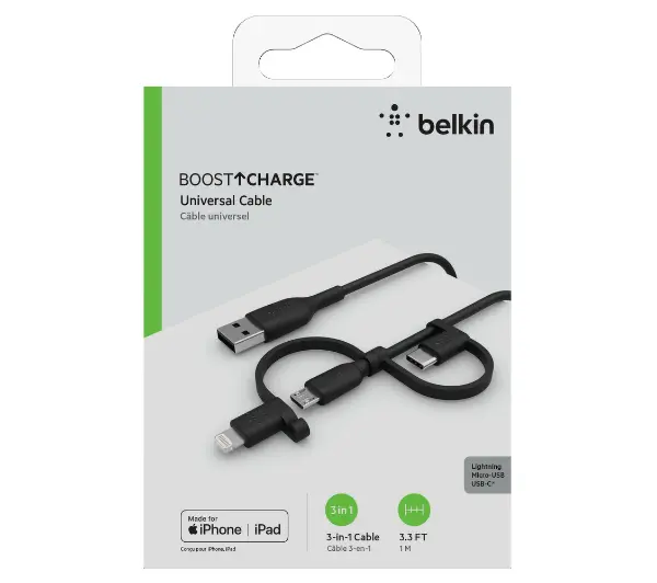 Belkin BoostCharge USB-A do lightning+MicroUSB+USB-C 1m Czarny