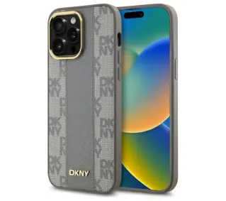 DKNY Leather Checkered Mono Pattern MagSafe do iPhone 14 Pro Max Beżowy