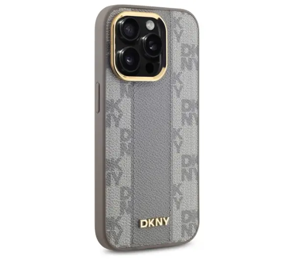DKNY Leather Checkered Mono Pattern MagSafe do iPhone 14 Pro Beżowy
