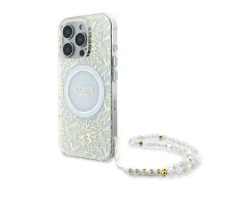 Etui Guess IML Flowers Allover Electro With Pearl Strap MagSafe do iPhone 16 Pro Max Biały