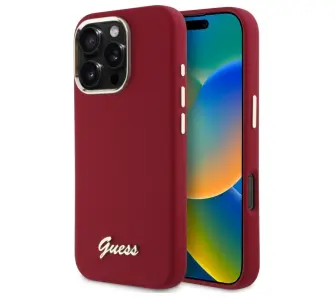 Etui Guess Silicone Script Metal Logo do iPhone 16 Pro Bordowy