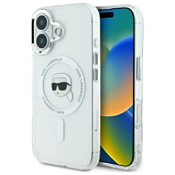 Etui Karl Lagerfeld IML Metal Karl Head MagSafe do iPhone 16 Plus Biały