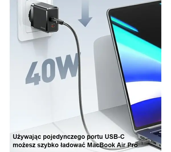 USAMS 2xUSB-C T54 GaN 40W PD Fast Charging Biały