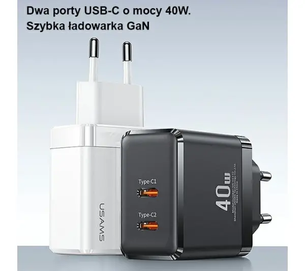 USAMS 2xUSB-C T54 GaN 40W PD Fast Charging Biały