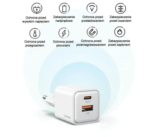 USAMS 1xUSB+1xUSB-C PD30W 3A PD3.0 Fast Charging Purpurowy