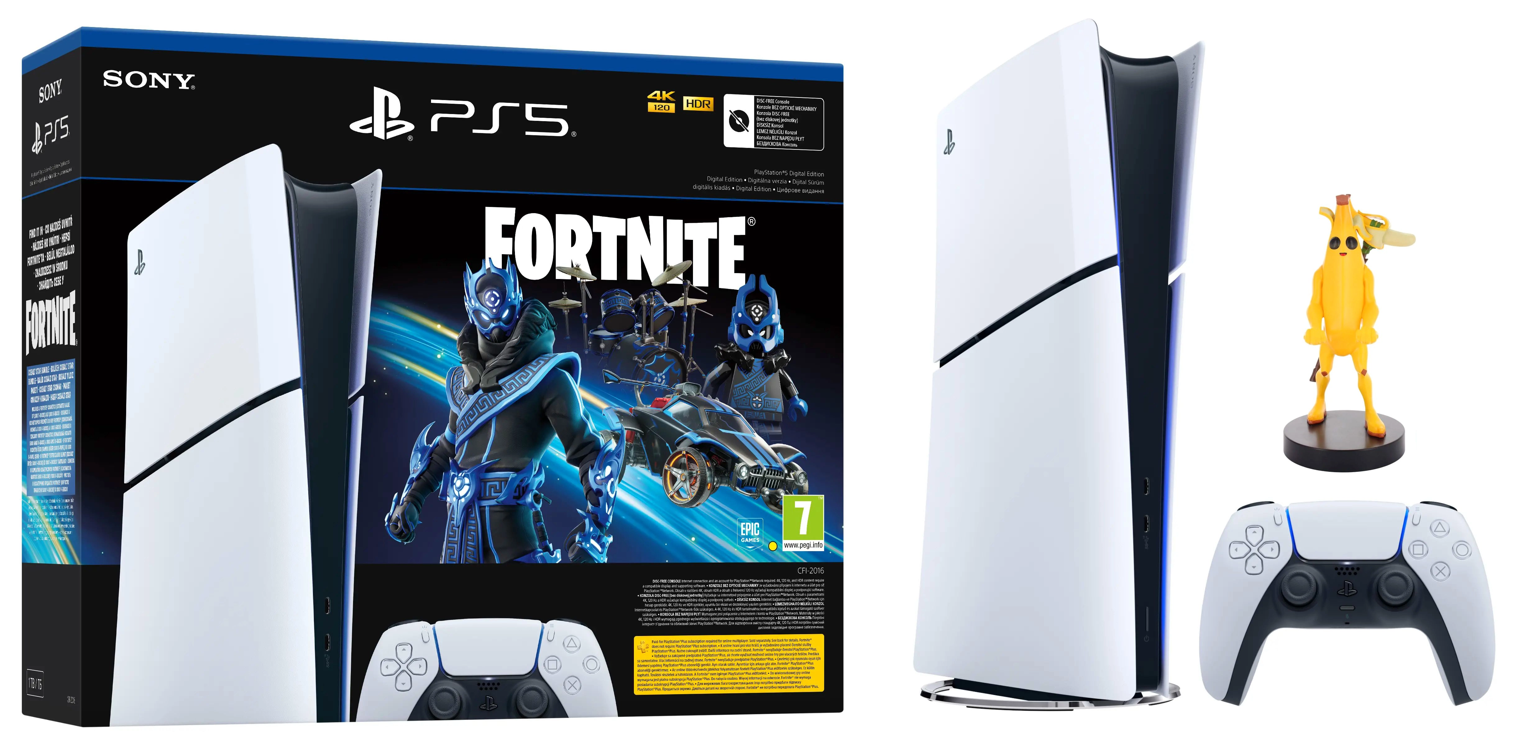 Konsola Sony PlayStation 5 Digital Slim D Chassis (PS5) 1TB Zestaw startowy Fortnite Cobalt + Stojak Na Pada Cable Guys Peely